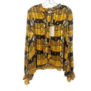 NEW Joie Gold Metallic Plaid Balloon Sleeve Blouse Geometric Bow Tie Size XL